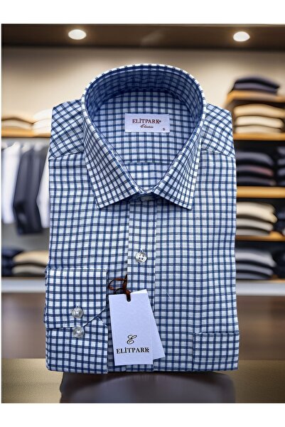 elitpark Kareli Mavi Pamuklu Erkek Gömlek