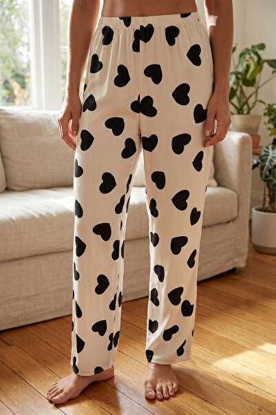 Laperissa بنطلون بيجامة منسوج من الفيسكوز بنقشة قلب بلون إكرو