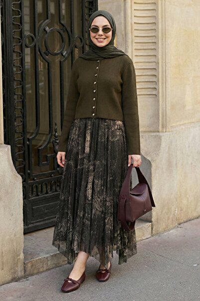 InStyle Authentic Pattern Asymmetrical Khaki Tulle Skirt