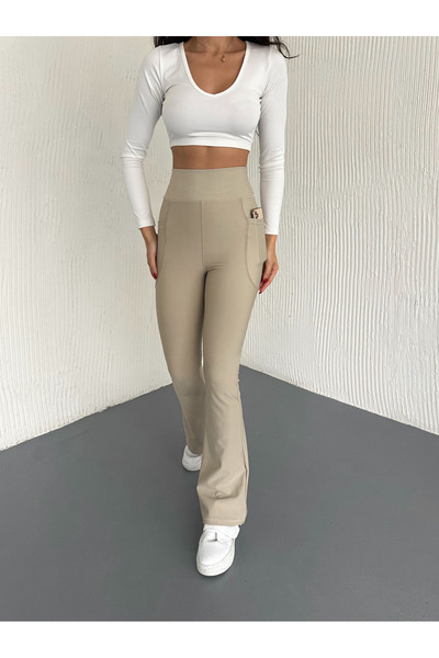 ceymoda Kadın Yüksek Bel Yandan Cepli İspanyol Tayt Pantolon