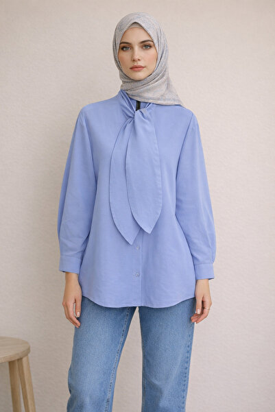 FERHEL Scarf Collar Buttoned Relax Fit Hijab Shirt Minimal Stylish Blouse - B...