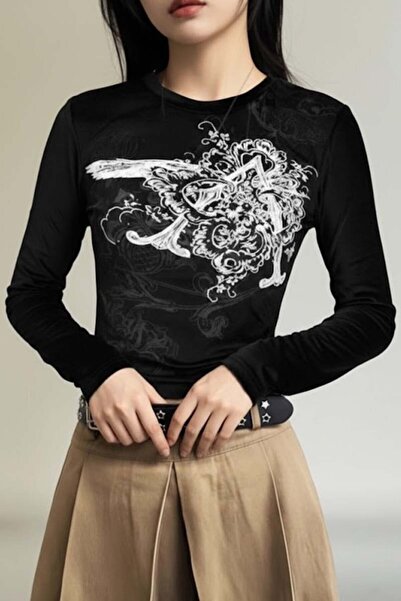 harmony factory Women's Black Vintage Punk Patterned Y2K Long Sleeved Crop To...