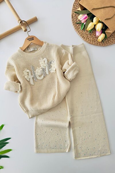 Minigimin Cicileri My Little One's Skin Is Stoned, Hello Text Appliqué Knitwe...