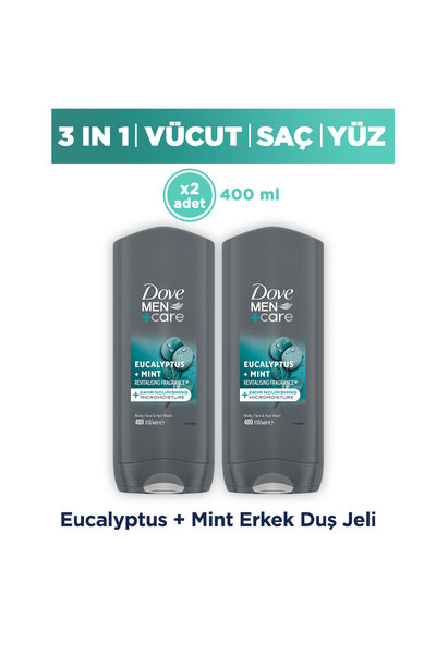 Dove Men +Care Duş Jeli Body, Face&Hair Eucalyptus +Mint 400 ml x2