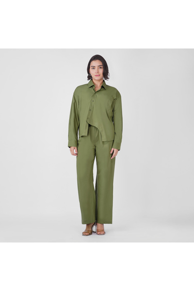 LINELLE Olive Green Cotton Poplin Shirt & Pant Co-Ord Set