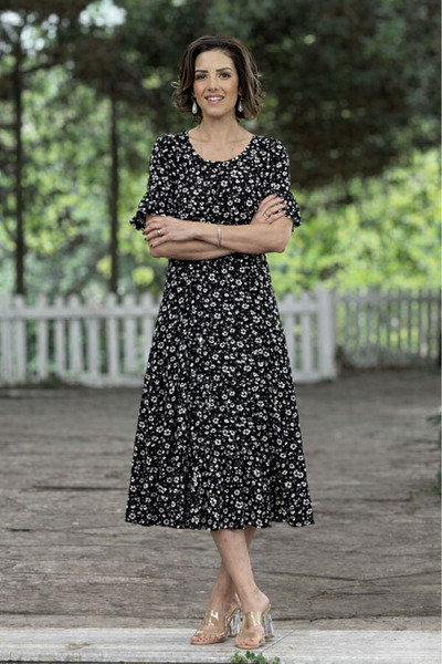 Nevin Kaya Moda Black Daisy Patterned Skirts Ruffled Summer Cotton Combed Cot...