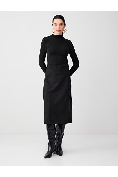 Jimmy Key Black High Waist Button Detailed Suede Midi Skirt