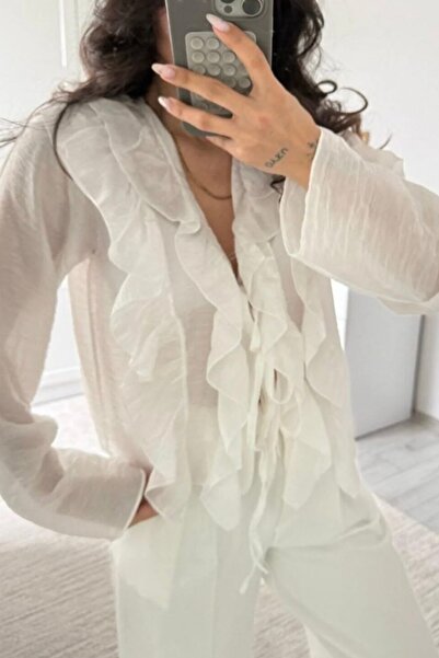 Noi Belis Ruffle Detailed Transparent Woven Shirt Ss26Go0002