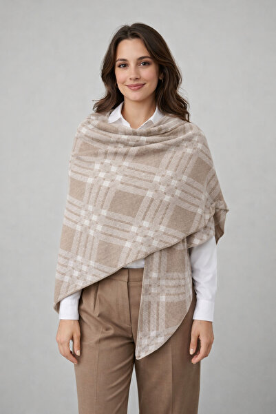 Sebir Moda Checkered Patterned Double-Sided Knitwear Triangle Shawl