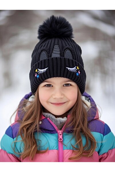 Mollycrush Căciulă de iarnă pentru fete, neagră, cu pompon și unicorn, cu fle...