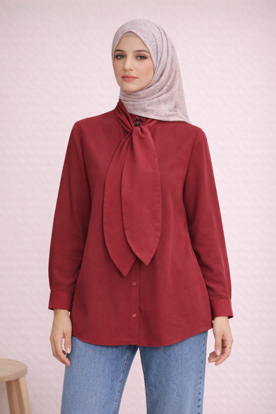 FERHEL قميص إسلامي بياقة وشاح وأزرار، تصميم مريح وأنيق - أحمر داكن