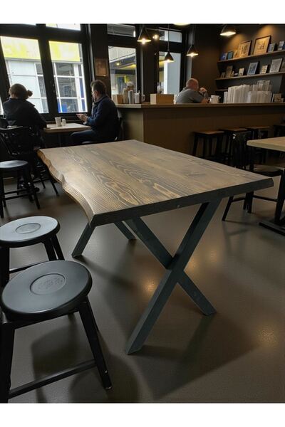 ADIM EBATLAMA CAFE MASA CEVİZ KÖKNAR Kütük Masa X AYAK SİYAH 200x100