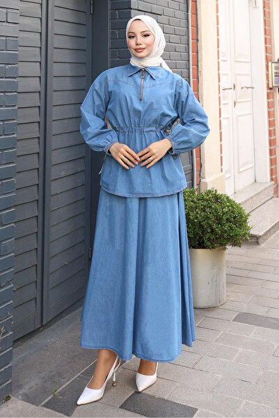 Missvalle Σετ τζιν με φούστα και λεπτομέρεια με κορδόνια στη μέση, ανοιχτό μπ...