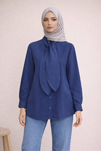 FERHEL Cămașă Hijab cu guler tip eșarfă și nasturi, croială relaxată, bluză m...