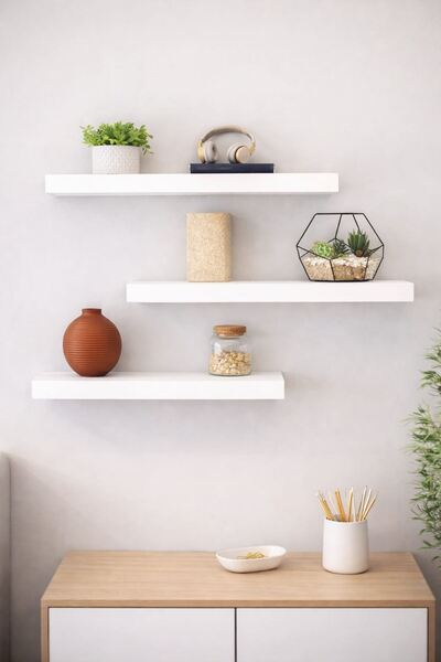 ADIM EBATLAMA 3'lü Uçan Duvar Rafı Set Gizli Raf- Beyaz 15x50