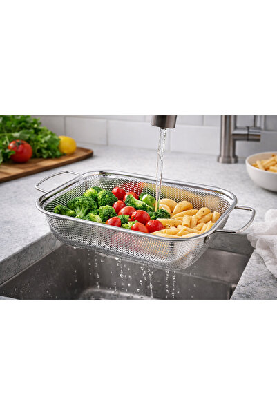 Dania 🥗 Rectangular stainless steel colander with side handles | Size 30×22×...