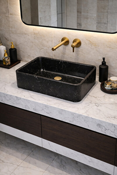 Taş Atölyesi Mermer Desenli Tezgah Üstü Çiftlik Model Taş Lavabo 60 x 40 cm