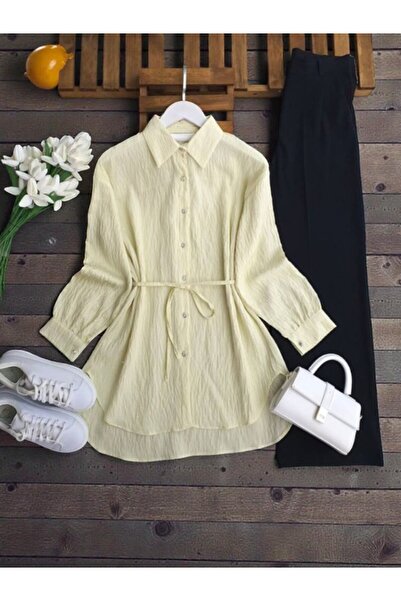 ŞAHİN TESETTÜR GİYİM KENDİNDEN PULLU BELİ İPLİ GÖMLEK TUNİK 5659
