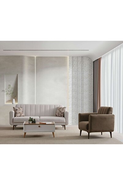 Minar Bona 3+1 Berjer Koltuk Takımı Bej (Valebo-03-Valebo-06) Ceviz Ayak