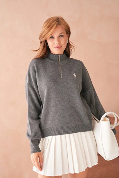 Park Karon Women's Stand Collar Half Zipper Soft Textured Knitwear Sweater 10536