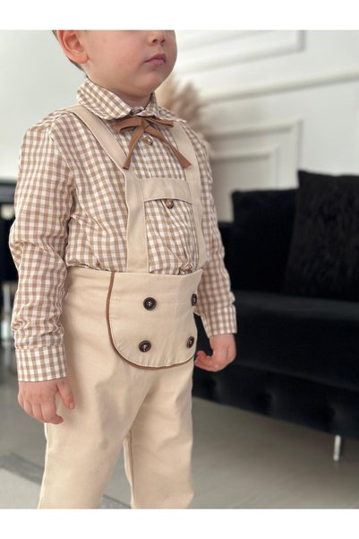 Z KİDS 4-Button Cream Checked Shirt Baby Boy Children's Dungaree Romper Festive Set