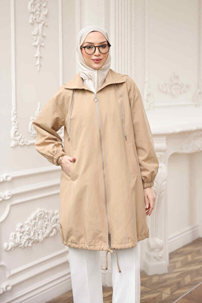 İmajButik Mink Stone Embroidered Zippered Trench Coat