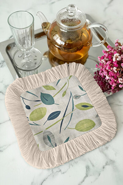 Evimde Bambaşka Elegant Leaf Motif Fringed Presentation Napkin - Natural Eleg...