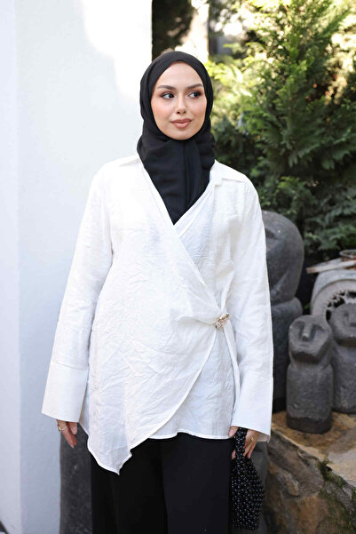 İmajButik Ecru Double-Breasted Collar Brooch Detailed Kimono Shirt