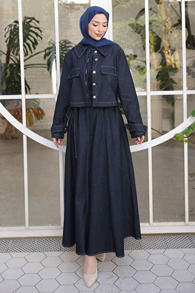 İmajButik Navy Blue Denim Jacket Dress Double Combination Set