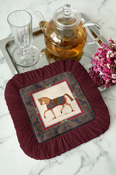 Evimde Bambaşka At Desenli Lüks Saçaklı Sunum Peçetesi - Klasik Equestrian Bo...