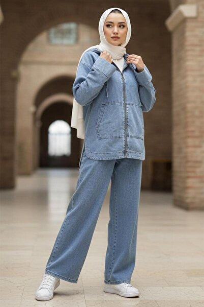 hafsamina Front Zippered Kangaroo Pocket Double Denim Set Hm2880 Light Blue