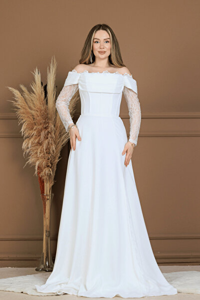 BEYBOS Crepe Fabric Balen Lace Detailed Evening Dress - White