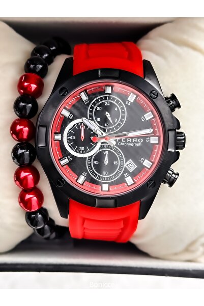FERRO Sports Men's Wristwatch, Functions Active, Red Silicone Cord, in Stylis...