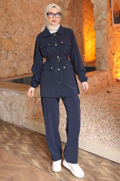 İmajButik Navy Blue Belted Tunic and Trousers Modal Set