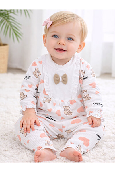 Nehad Bebe رومبير بنمط قلب ودب للفتيات الصغيرات بأكمام طويلة من القطن مع فيونكة