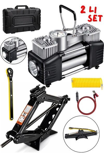 MOONSHOP Oto Krikosu 1.5 Ton Makas Cırcırlı Araç Kriko+Çift pistonlu Şişirme ...