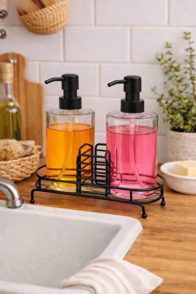 Tiran 2’li Cam Sıvı Sabunluk Seti Siyah Metal Standlı Şişe