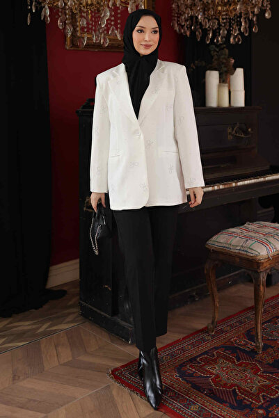 İmajButik Ecru Stone Detailed Lined Jacket