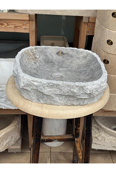 Polen Stone Silver Traverten Kaya Model Lavabo 40x35x40 cm Doğal Taş El Yapım...