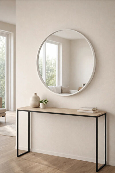 MARIA HOMES Modern White Round Wall Mirror 90cm Wooden Frame Circle Hanging f...