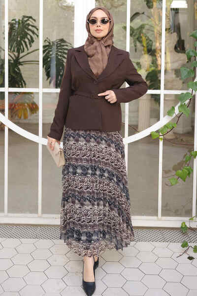 İmajButik Brown Kravuze Collared Belted Jacket and Chiffon Skirt Set