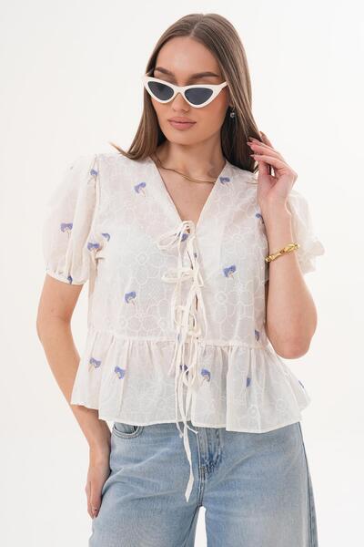 ŞİMAL Women's Front Lace-Up Short Sleeve Blouse 260271 -
