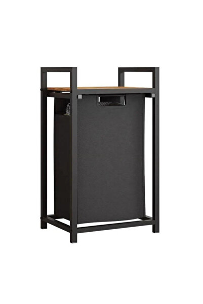 Lumi LUXURY Black Metal Laundry Basket with Wooden Shelf 50x32.5x71cm 45L