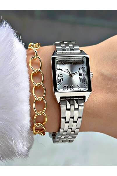 Tisaati ساعة يد نسائية من سلسلة بريميوم بتصميم مربع خاص ورقم روماني وسوار معد...