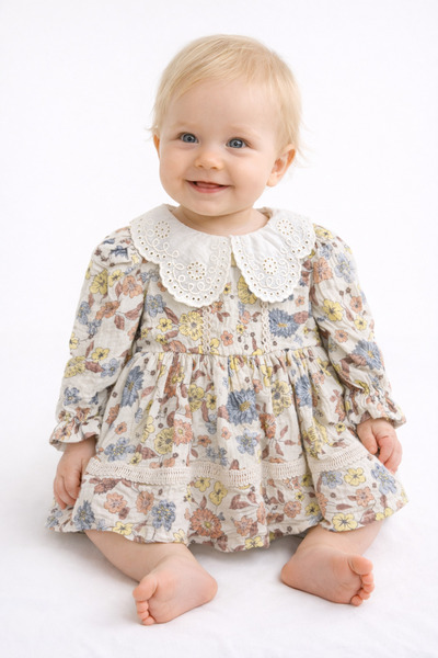 Motebarn Wear Kız Bebek Vintage Çiçekli Dantel Detaylı Brode Yaka Elbise