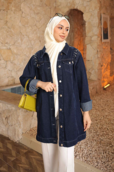 İmajButik Navy Blue Pearl Embroidered Denim Jacket