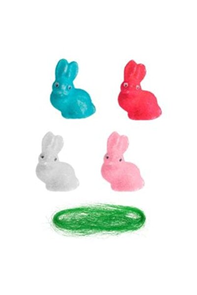 OEM Decorative Easter Bunnies with Colorful Fur & Green Grass 7 cm - 4 pcs