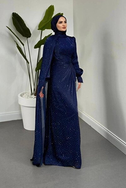 Şulemoda Giyim Stone Detailed Evening Dress Navy Blue