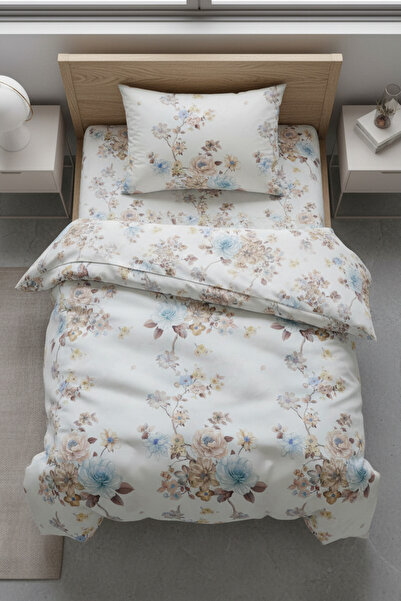 lissehome Pastel Floral Patterned 100% Cotton Single Duvet Cover Set (with Zi...