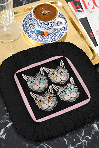 Evimde Bambaşka Стилна салфетка с портрет на котка и ресни - артистична бохем...